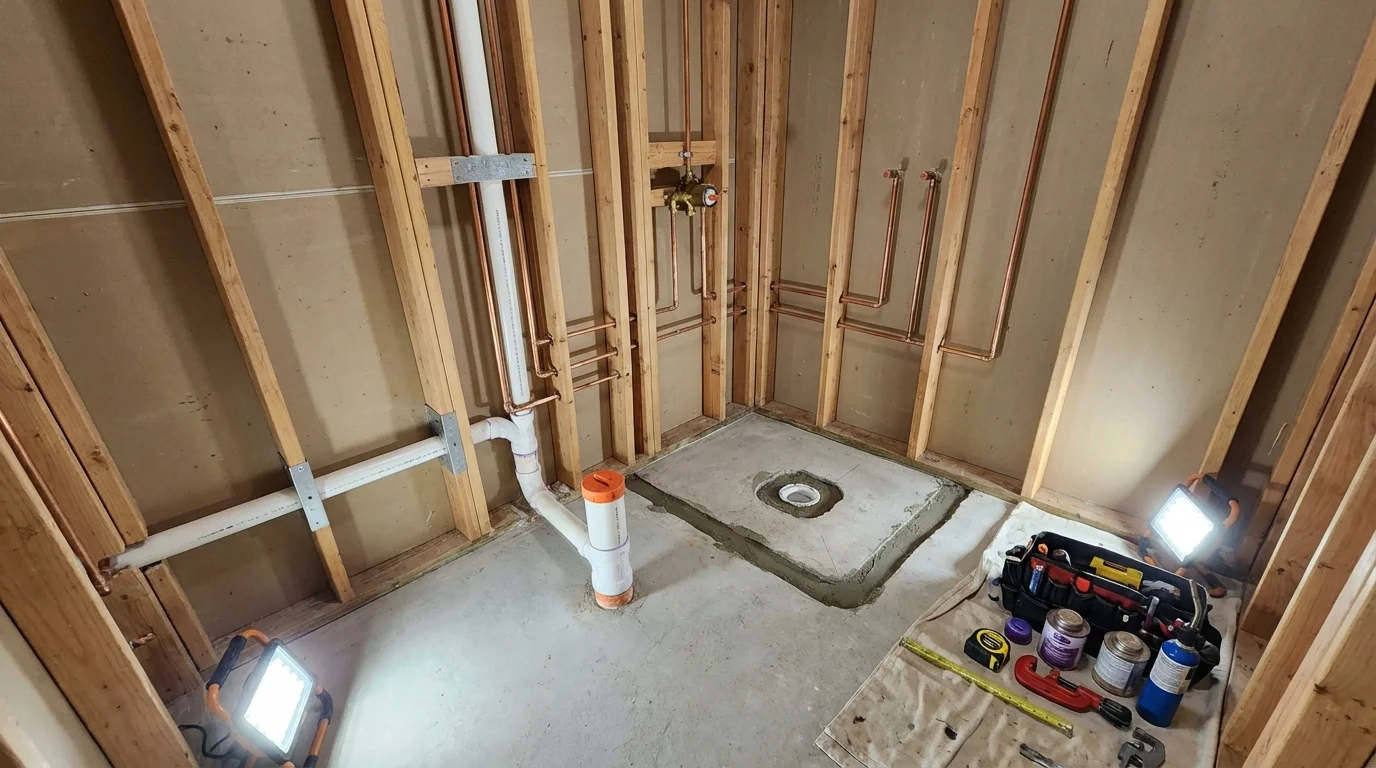 Bathroom rough-in plumbing during remodel by Johns Plumbing LLC in Port Reading