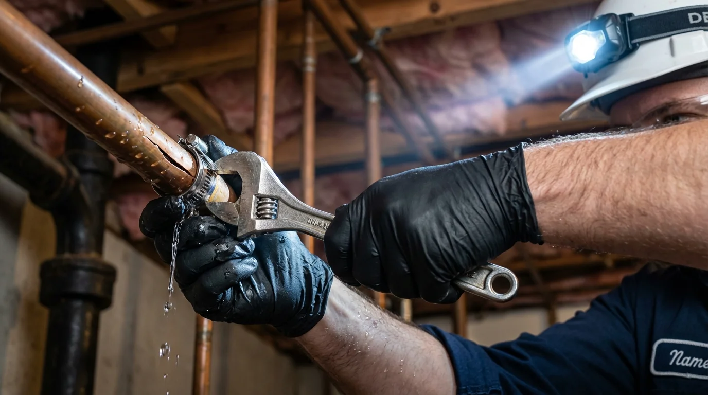 Emergency pipe clamp repair being performed by a Johns Plumbing LLC plumber in Port Reading