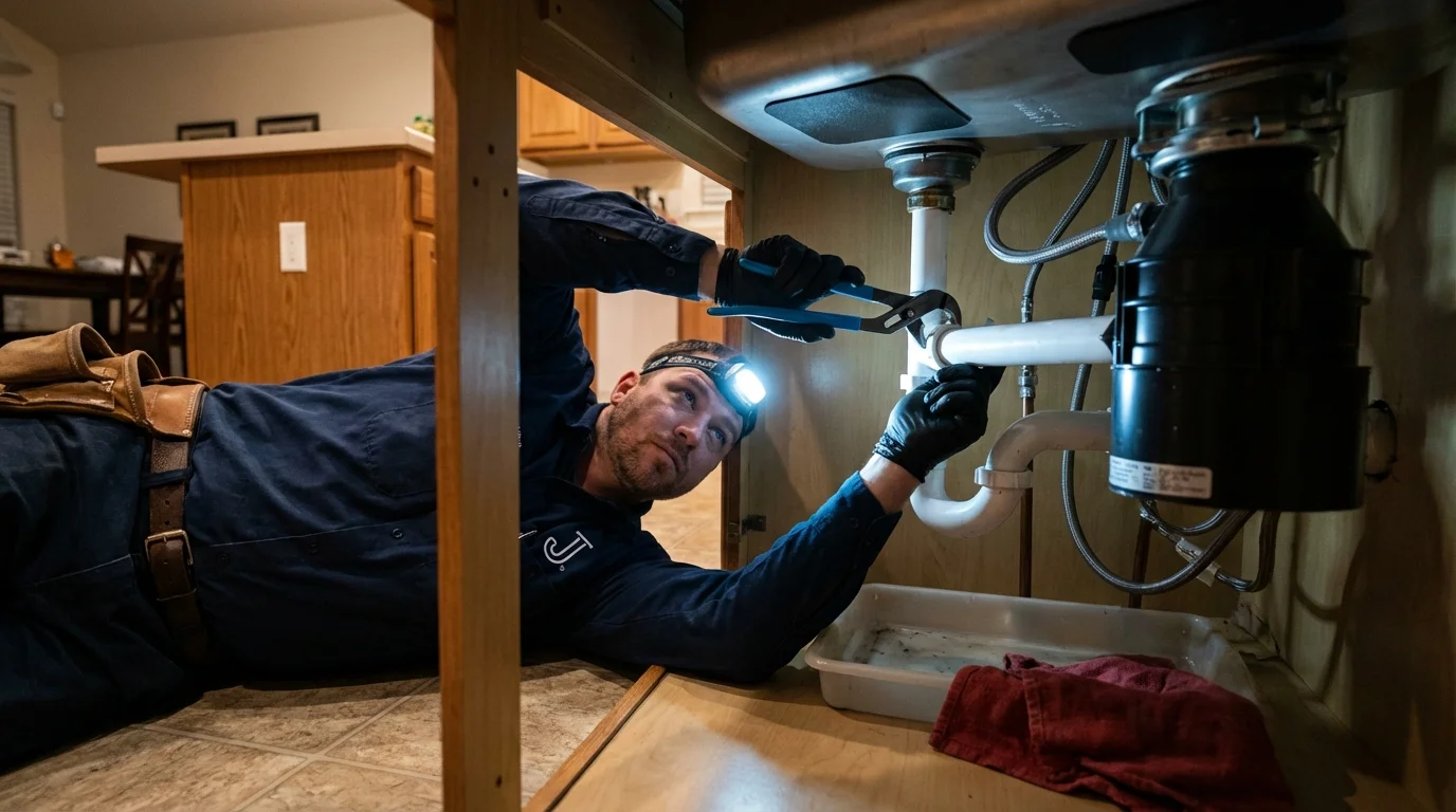 P-trap and supply line connections under a kitchen sink showing a common leak point in Port Reading, NJ